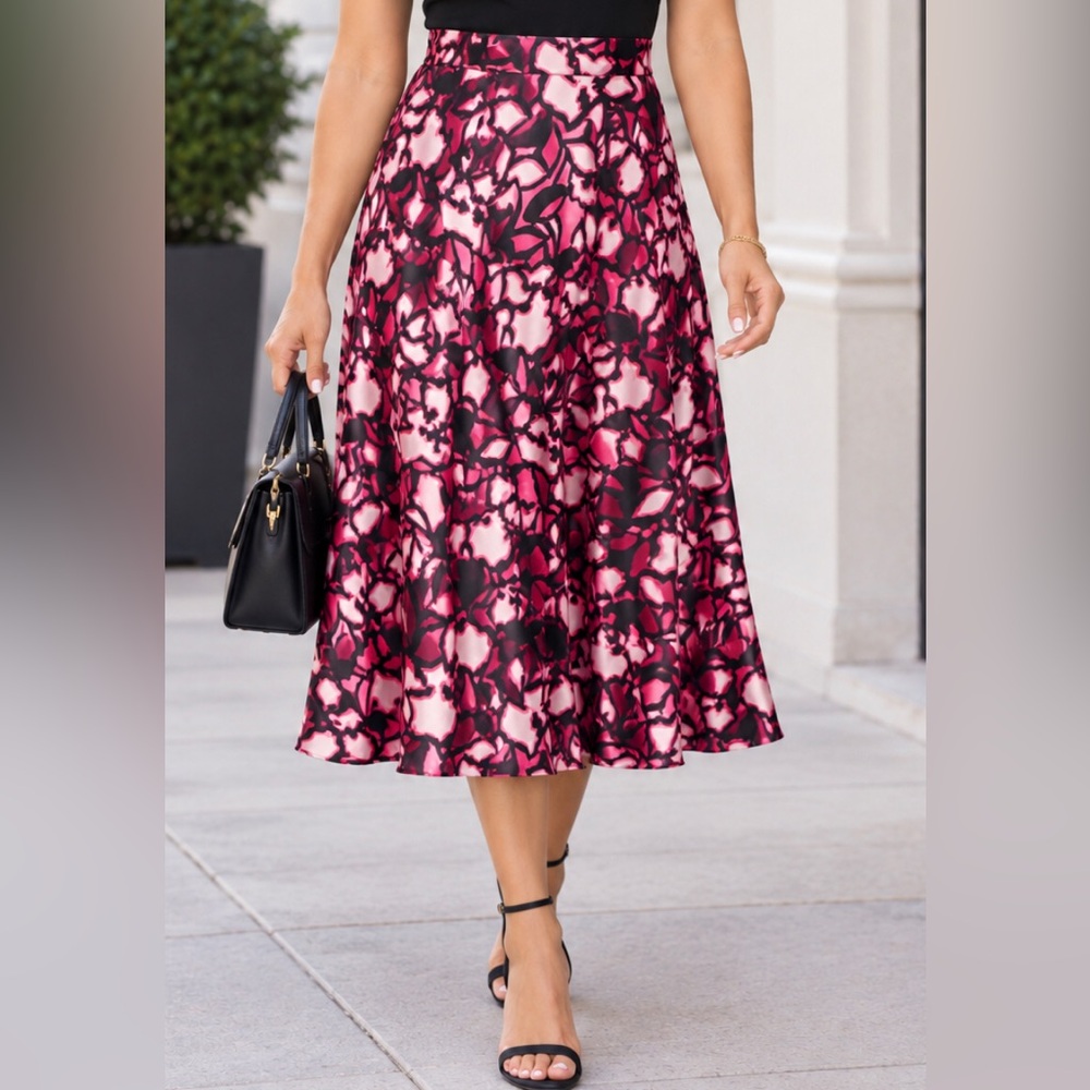 Lane Bryant 100% Silk Pink & Black Floral A-Line Midi Skirt 14/16